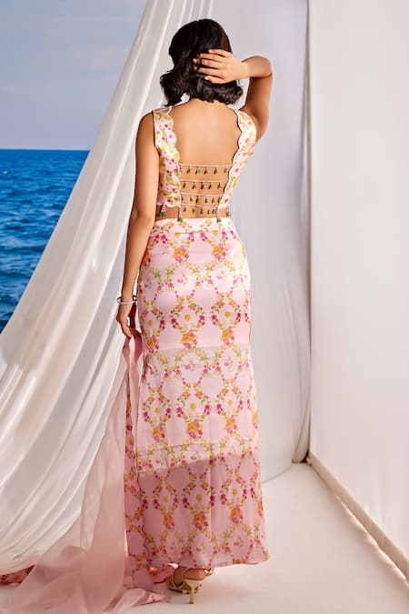 Shop Tarini Vij Pink Satin, Georgette, Organza Beads, Aliza Floral Print Draped Skirt Set at Aza Fashions Shop_Tarini Vij_Pink Satin, Georgette, Organza Beads, Aliza Floral Print Draped Skirt Set _at_Aza_Fashions