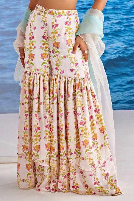 Tarini Vij_Green Satin, Georgette, Organza Embroidery, Esra Printed Blouse Sharara Set _Online_at_Aza_Fashions