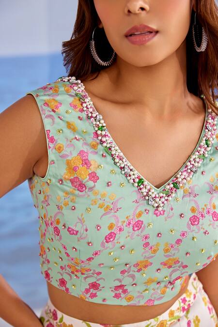 Shop_Tarini Vij_Green Satin, Georgette, Organza Embroidery, Esra Printed Blouse Sharara Set _Online_at_Aza_Fashions