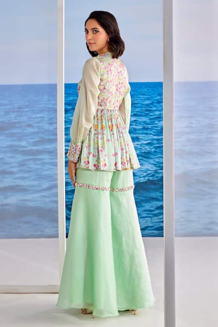 Shop Tarini Vij Green Satin, Georgette, Organza Embroidery, Floral Print Kurta And Gharara Set at Aza Fashions Shop_Tarini Vij_Green Satin, Georgette, Organza Embroidery, Floral Print Kurta And Gharara Set _at_Aza_Fashions