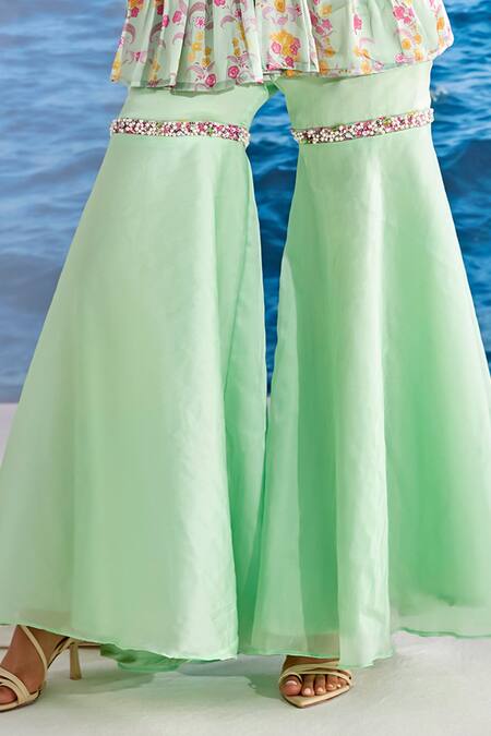 Tarini Vij Green Satin, Georgette, Organza Embroidery, Floral Print Kurta And Gharara Set Online at Aza Fashions Tarini Vij_Green Satin, Georgette, Organza Embroidery, Floral Print Kurta And Gharara Set _Online_at_Aza_Fashions