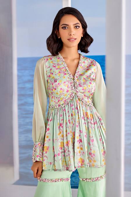 Buy Tarini Vij Green Satin, Georgette, Organza Embroidery, Floral Print Kurta And Gharara Set Online at Aza Fashions Buy_Tarini Vij_Green Satin, Georgette, Organza Embroidery, Floral Print Kurta And Gharara Set _Online_at_Aza_Fashions