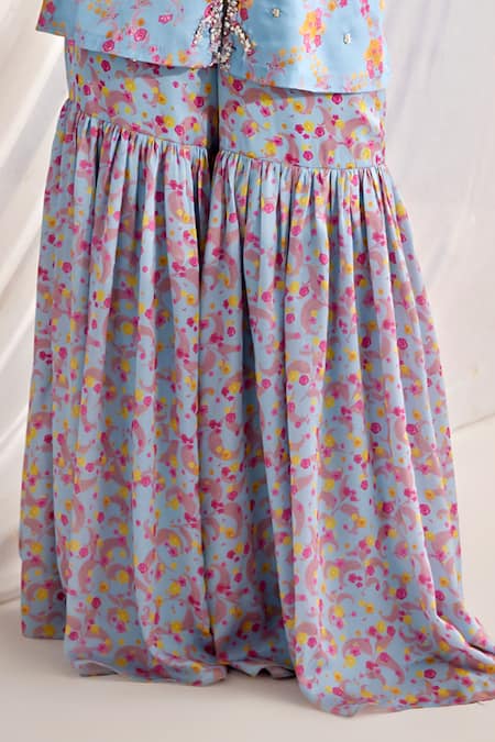 Tarini Vij_Blue Satin, Georgette, Organza Embroidery, Freeda Printed Kurta And Gharara Set _Online_at_Aza_Fashions