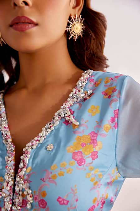 Shop_Tarini Vij_Blue Satin, Georgette, Organza Embroidery, Freeda Printed Kurta And Gharara Set _Online_at_Aza_Fashions