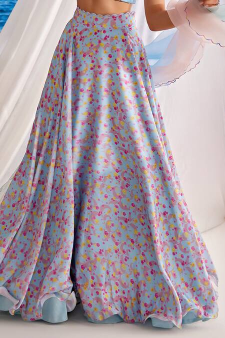 Tarini Vij_Blue Organza, Satin, Georgette Beads, Sequins, Azure Floral Print Lehenga Set_Online_at_Aza_Fashions