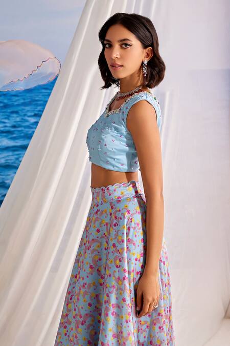Buy_Tarini Vij_Blue Organza, Satin, Georgette Beads, Sequins, Azure Floral Print Lehenga Set_Online_at_Aza_Fashions