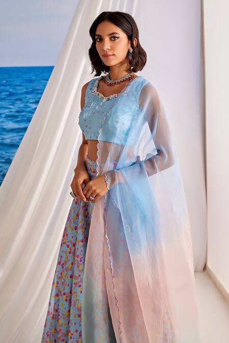 Shop_Tarini Vij_Blue Organza, Satin, Georgette Beads, Sequins, Azure Floral Print Lehenga Set_Online_at_Aza_Fashions