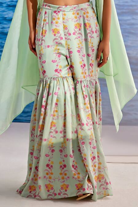 Buy Tarini Vij Green Satin, Georgette Beads Scoop Neck Embroidered Sage Cape Gharara Set Online at Aza Fashions Buy_Tarini Vij_Green Satin, Georgette Beads Scoop Neck Embroidered Sage Cape Gharara Set _Online_at_Aza_Fashions