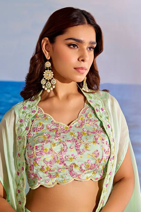 Shop Tarini Vij Green Satin, Georgette Beads Scoop Neck Embroidered Sage Cape Gharara Set Online at Aza Fashions Shop_Tarini Vij_Green Satin, Georgette Beads Scoop Neck Embroidered Sage Cape Gharara Set _Online_at_Aza_Fashions