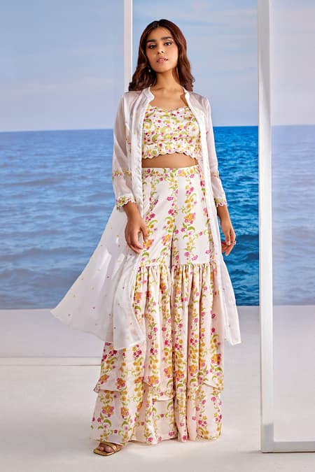 Tarini Vij_Off White Satin, Georgette Sequins Sweetheart Cara Embroidered Cape Gharara Set _Online_at_Aza_Fashions