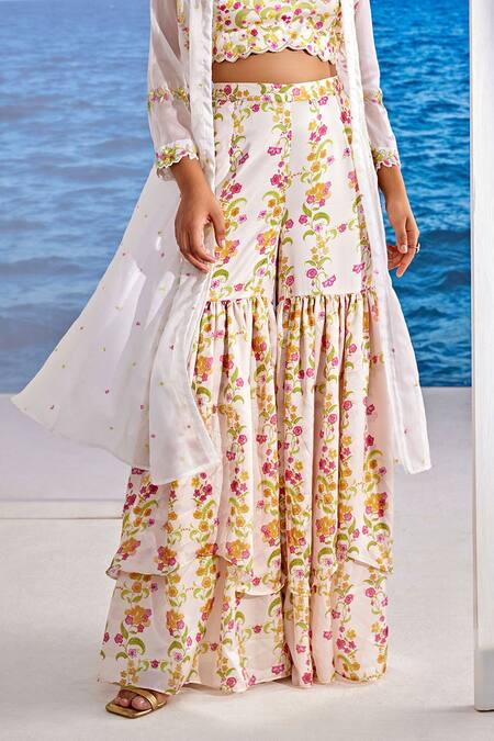 Buy_Tarini Vij_Off White Satin, Georgette Sequins Sweetheart Cara Embroidered Cape Gharara Set _Online_at_Aza_Fashions