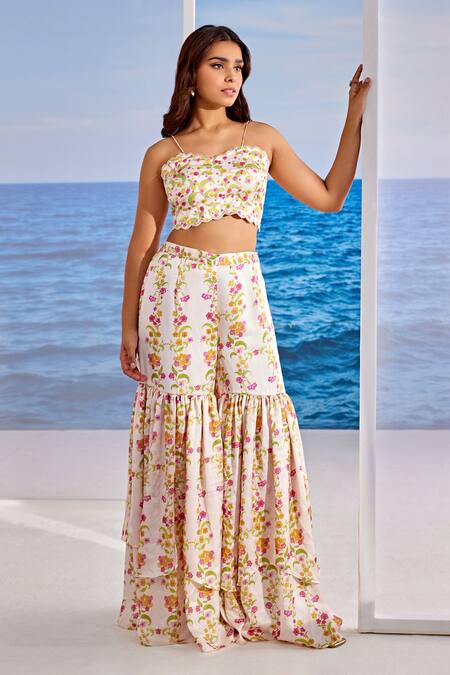 Tarini Vij_Off White Satin, Georgette Sequins Sweetheart Cara Embroidered Cape Gharara Set _at_Aza_Fashions