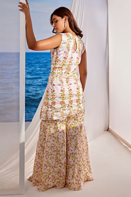 Shop Tarini Vij Off White Satin, Georgette, Organza Berina Floral Stripe Print Kurta Set at Aza Fashions Shop_Tarini Vij_Off White Satin, Georgette, Organza Berina Floral Stripe Print Kurta Set _at_Aza_Fashions