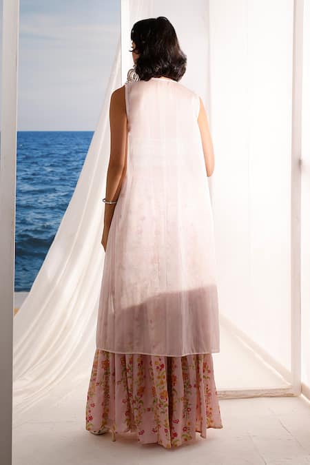 Shop Tarini Vij Pink Satin, Georgette Sequins Iris Scallop Border Embroidered Cape Gharara Set at Aza Fashions Shop_Tarini Vij_Pink Satin, Georgette Sequins Iris Scallop Border Embroidered Cape Gharara Set _at_Aza_Fashions