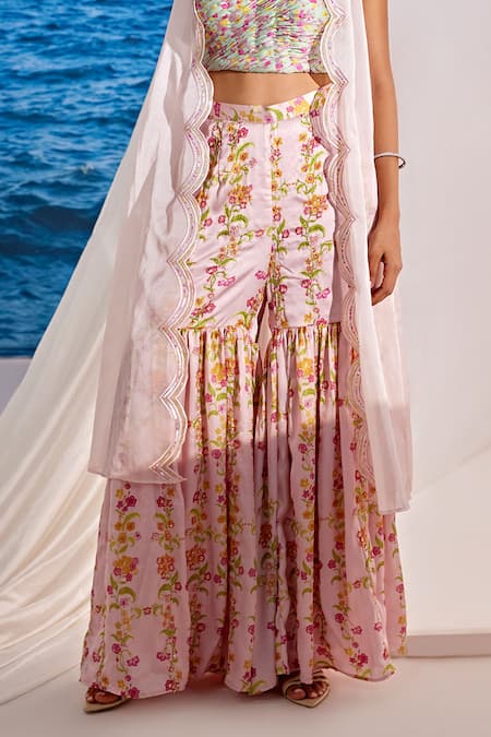 Tarini Vij Pink Satin, Georgette Sequins Iris Scallop Border Embroidered Cape Gharara Set Online at Aza Fashions Tarini Vij_Pink Satin, Georgette Sequins Iris Scallop Border Embroidered Cape Gharara Set _Online_at_Aza_Fashions