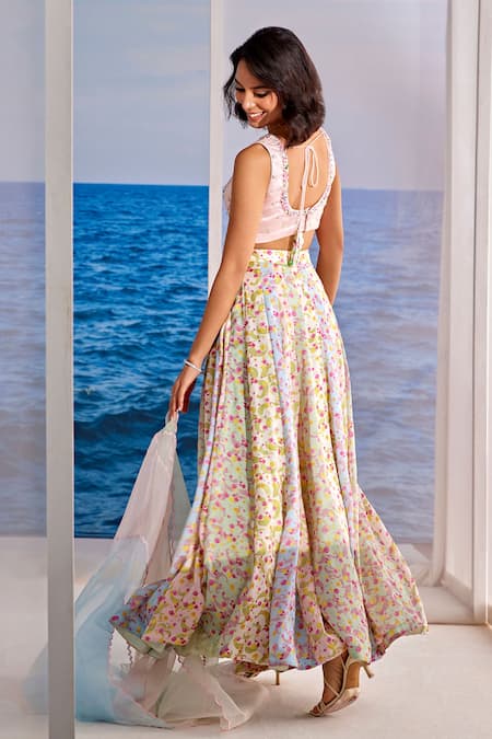 Shop Tarini Vij Multi Color Organza, Satin, Georgette Pearls, Arezu Flower Print Lehenga Set at Aza Fashions Shop_Tarini Vij_Multi Color Organza, Satin, Georgette Pearls, Arezu Flower Print Lehenga Set _at_Aza_Fashions