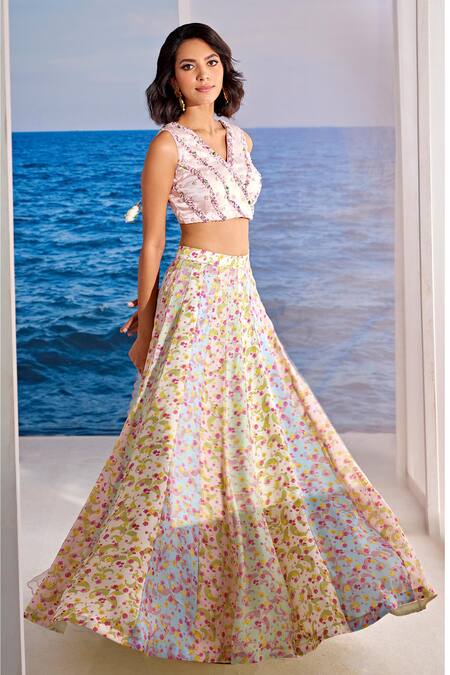 Buy Tarini Vij Multi Color Organza, Satin, Georgette Pearls, Arezu Flower Print Lehenga Set Online at Aza Fashions Buy_Tarini Vij_Multi Color Organza, Satin, Georgette Pearls, Arezu Flower Print Lehenga Set _Online_at_Aza_Fashions