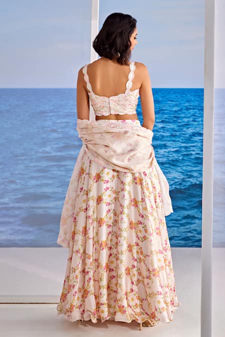 Shop Tarini Vij Off White Organza, Satin Pearls, Sequins, Zavi Flower Print Lehenga Set at Aza Fashions Shop_Tarini Vij_Off White Organza, Satin Pearls, Sequins, Zavi Flower Print Lehenga Set _at_Aza_Fashions