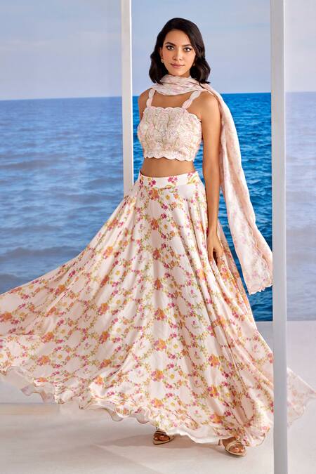 Buy Tarini Vij Off White Organza, Satin Pearls, Sequins, Zavi Flower Print Lehenga Set Online at Aza Fashions Buy_Tarini Vij_Off White Organza, Satin Pearls, Sequins, Zavi Flower Print Lehenga Set _Online_at_Aza_Fashions