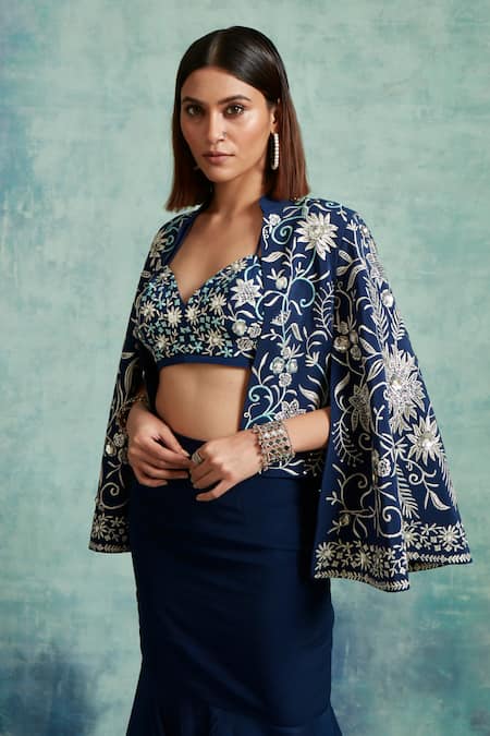 Vedika Soni_Blue Crepe Embroidered Sequin Jacket Open Fish Cut Skirt Set _Online_at_Aza_Fashions
