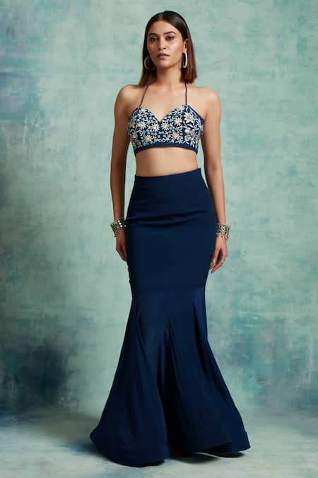 Shop_Vedika Soni_Blue Crepe Embroidered Sequin Jacket Open Fish Cut Skirt Set _Online_at_Aza_Fashions