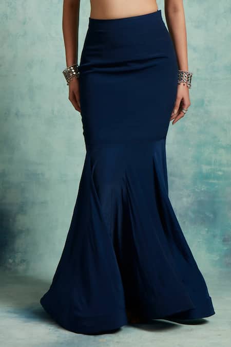 Vedika Soni_Blue Crepe Embroidered Sequin Jacket Open Fish Cut Skirt Set _at_Aza_Fashions