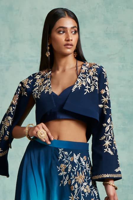 Vedika Soni Blue Crepe Embroidered Sequin Jacket Open Ombre Palazzo Set Online at Aza Fashions Vedika Soni_Blue Crepe Embroidered Sequin Jacket Open Ombre Palazzo Set _Online_at_Aza_Fashions