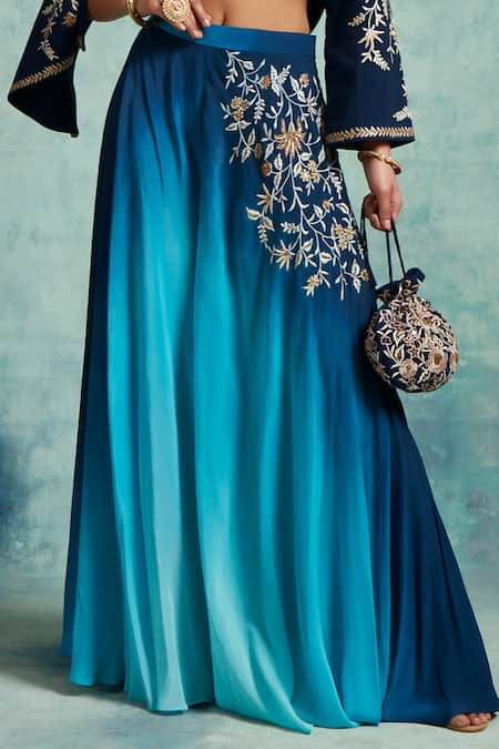 Buy Vedika Soni Blue Crepe Embroidered Sequin Jacket Open Ombre Palazzo Set Online at Aza Fashions Buy_Vedika Soni_Blue Crepe Embroidered Sequin Jacket Open Ombre Palazzo Set _Online_at_Aza_Fashions