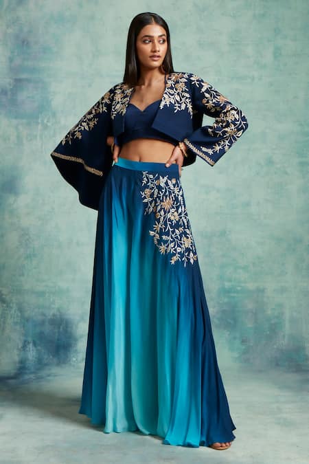 Shop Vedika Soni Blue Crepe Embroidered Sequin Jacket Open Ombre Palazzo Set Online at Aza Fashions Shop_Vedika Soni_Blue Crepe Embroidered Sequin Jacket Open Ombre Palazzo Set _Online_at_Aza_Fashions