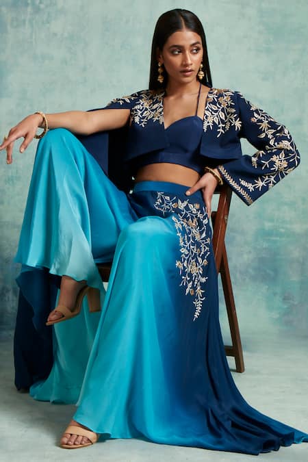 Vedika Soni Blue Crepe Embroidered Sequin Jacket Open Ombre Palazzo Set at Aza Fashions Vedika Soni_Blue Crepe Embroidered Sequin Jacket Open Ombre Palazzo Set _at_Aza_Fashions