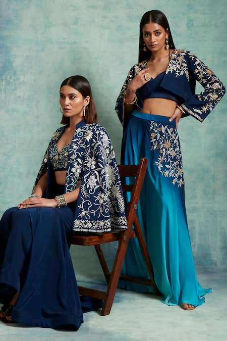 Buy Vedika Soni Blue Crepe Embroidered Sequin Jacket Open Ombre Palazzo Set Buy_Vedika Soni_Blue Crepe Embroidered Sequin Jacket Open Ombre Palazzo Set