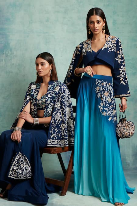 Shop Vedika Soni Blue Crepe Embroidered Sequin Jacket Open Ombre Palazzo Set Shop_Vedika Soni_Blue Crepe Embroidered Sequin Jacket Open Ombre Palazzo Set
