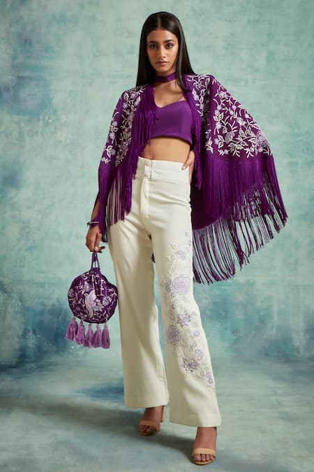 Vedika Soni Purple Crepe Embroidered Sequin Shrug High Neck Resham Pant Set 