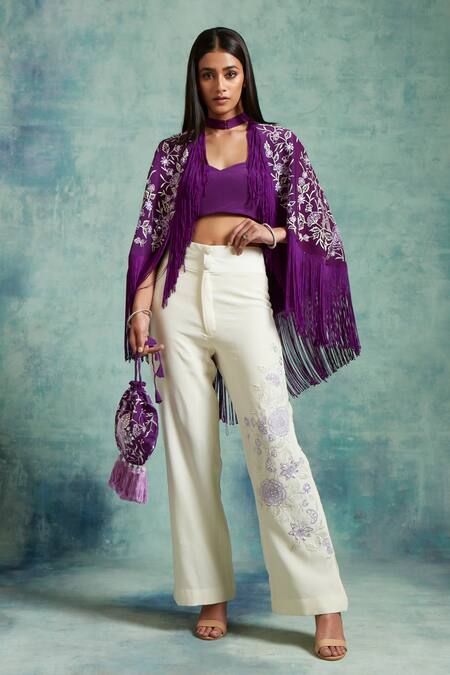 Vedika Soni_Purple Crepe Embroidered Sequin Shrug High Neck Resham Pant Set _Online_at_Aza_Fashions