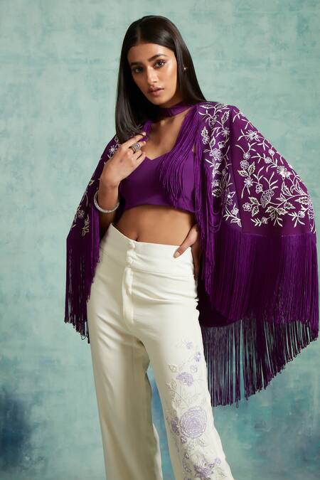 Shop_Vedika Soni_Purple Crepe Embroidered Sequin Shrug High Neck Resham Pant Set _Online_at_Aza_Fashions