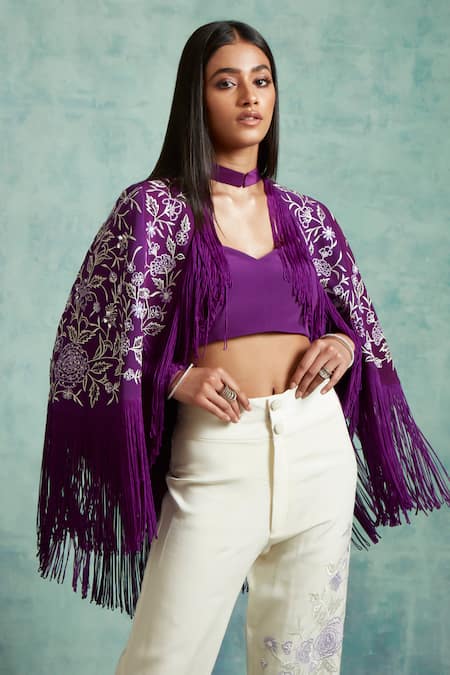 Vedika Soni_Purple Crepe Embroidered Sequin Shrug High Neck Resham Pant Set _at_Aza_Fashions