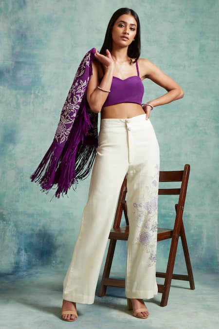 Buy_Vedika Soni_Purple Crepe Embroidered Sequin Shrug High Neck Resham Pant Set 