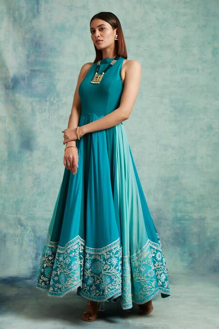 Vedika Soni_Blue Crepe Sequins, Beads, Cut Work Embroidered Bordered Anarkali And Pant Set _Online_at_Aza_Fashions