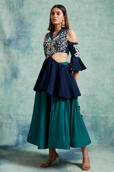 Vedika Soni_Blue Crepe Embroidered Sequin Notched Collar Peplum Top And Skirt Set _Online_at_Aza_Fashions