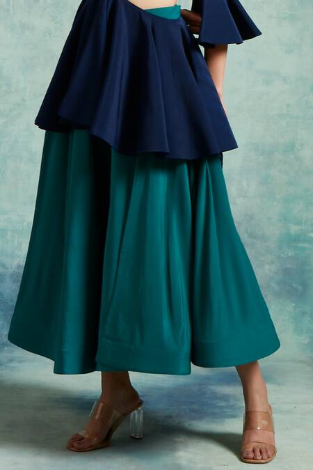 Buy_Vedika Soni_Blue Crepe Embroidered Sequin Notched Collar Peplum Top And Skirt Set _Online_at_Aza_Fashions
