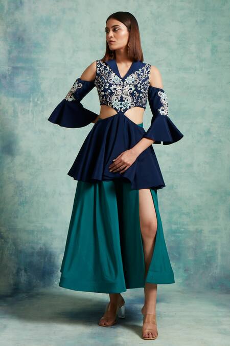 Shop_Vedika Soni_Blue Crepe Embroidered Sequin Notched Collar Peplum Top And Skirt Set _Online_at_Aza_Fashions
