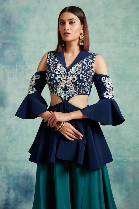 Vedika Soni_Blue Crepe Embroidered Sequin Notched Collar Peplum Top And Skirt Set _at_Aza_Fashions
