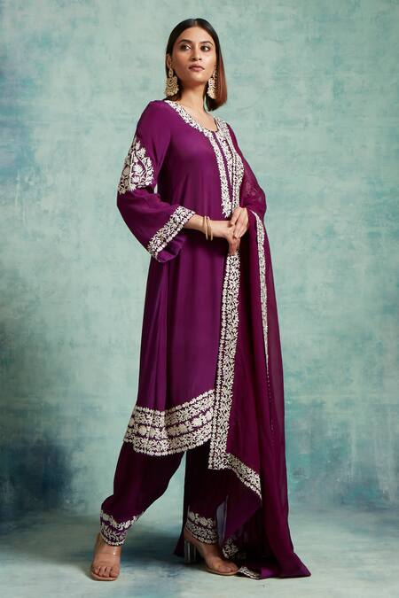 Vedika Soni Purple Crepe Embroidery, Zari Round Neck Floral Resham Kurta Set Online at Aza Fashions Vedika Soni_Purple Crepe Embroidery, Zari Round Neck Floral Resham Kurta Set _Online_at_Aza_Fashions