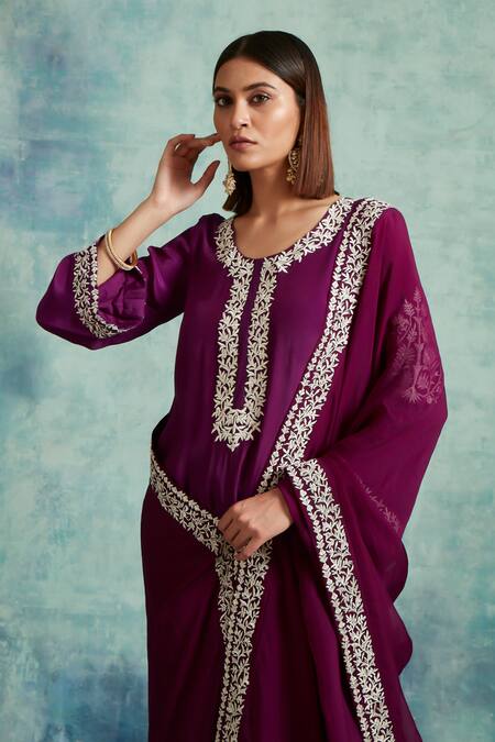 Shop Vedika Soni Purple Crepe Embroidery, Zari Round Neck Floral Resham Kurta Set Online at Aza Fashions Shop_Vedika Soni_Purple Crepe Embroidery, Zari Round Neck Floral Resham Kurta Set _Online_at_Aza_Fashions