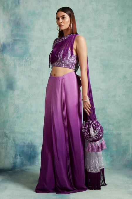 Shop_Vedika Soni_Purple Crepe Embroidered Sequin Cape Asymmetric Neck Pre-draped Saree Set _Online_at_Aza_Fashions