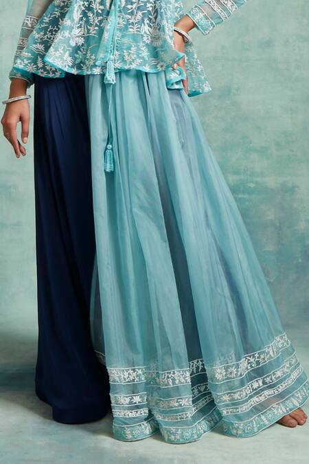 Vedika Soni Blue Crepe, Organza Sequins, Embroidery, Beads Peplum Jacket Palazzo Set Online at Aza Fashions Vedika Soni_Blue Crepe, Organza Sequins, Embroidery, Beads Peplum Jacket Palazzo Set _Online_at_Aza_Fashions