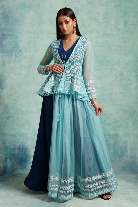 Buy Vedika Soni Blue Crepe, Organza Sequins, Embroidery, Beads Peplum Jacket Palazzo Set Online at Aza Fashions Buy_Vedika Soni_Blue Crepe, Organza Sequins, Embroidery, Beads Peplum Jacket Palazzo Set _Online_at_Aza_Fashions