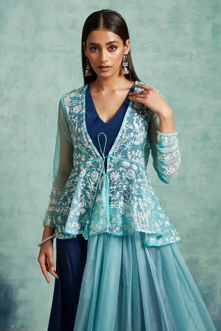 Vedika Soni Blue Crepe, Organza Sequins, Embroidery, Beads Peplum Jacket Palazzo Set at Aza Fashions Vedika Soni_Blue Crepe, Organza Sequins, Embroidery, Beads Peplum Jacket Palazzo Set _at_Aza_Fashions