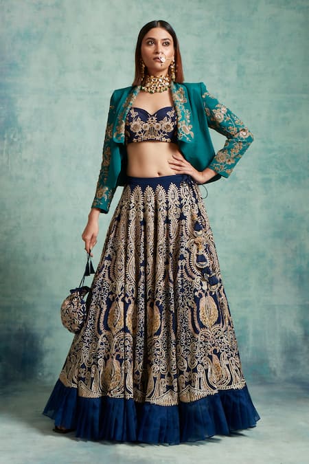 Vedika Soni Blue Crepe Embroidered Sequin Jacket Shawl Collar Resham Lehenga Set 