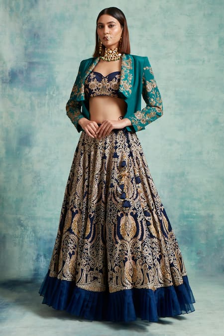 Vedika Soni Blue Crepe Beads, Sequins, Embroidery Sweetheart Resham Lehenga Jacket Set Online at Aza Fashions Vedika Soni_Blue Crepe Beads, Sequins, Embroidery Sweetheart Resham Lehenga Jacket Set _Online_at_Aza_Fashions
